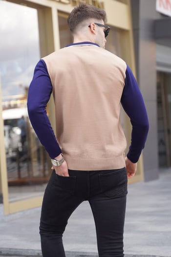 Bej Fermuarlı Polo Yaka Triko Kazak 5787