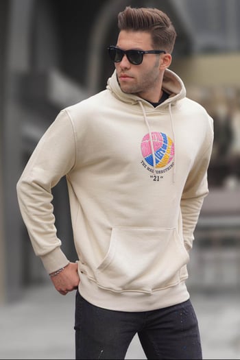 Beige Printed Hoodie Sweatshirt 6042