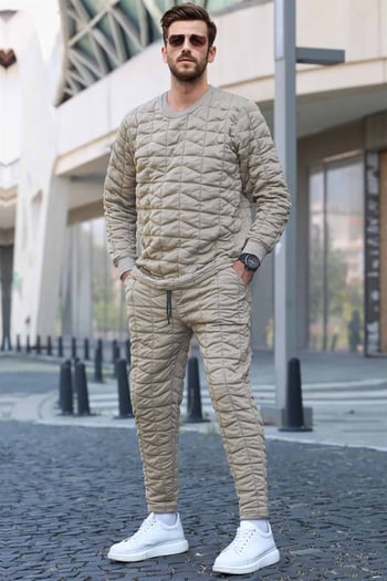 Beige Designed Quilted Tracksuit 5907