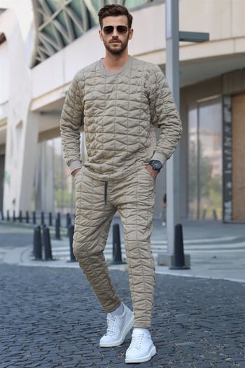 Beige Designed Quilted Tracksuit 5907