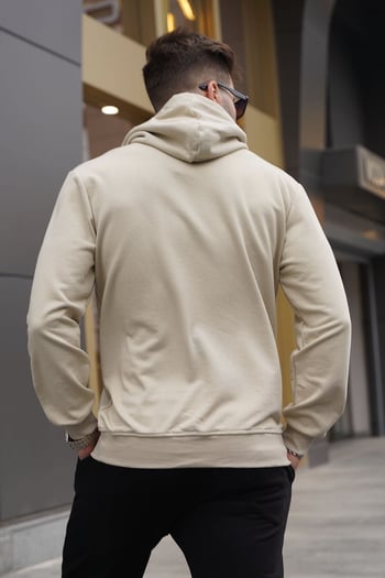 Bej Kapüşonlu Baskılı Erkek Sweatshirt 6017