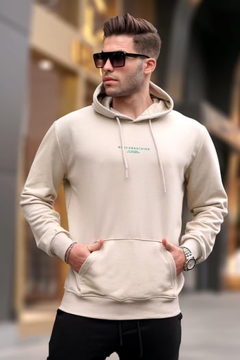 Bej Kapüşonlu Baskılı Erkek Sweatshirt 6017