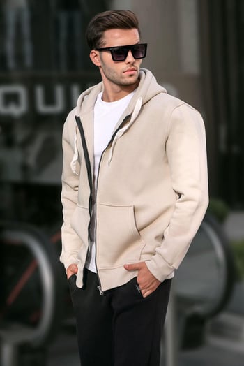 Bej Kapüşonlu Regular Fit Erkek Sweatshirt 6140