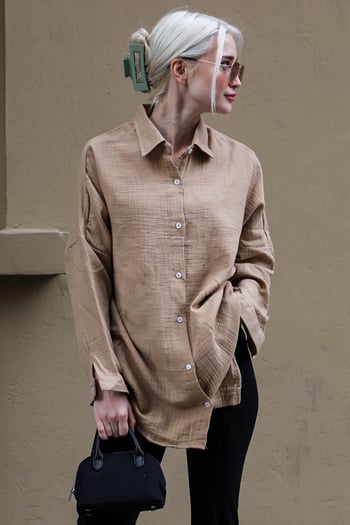 Bej Muslin Kumaş Basic Kadın Gömlek MG1660