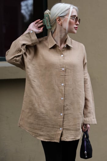 Bej Muslin Kumaş Basic Kadın Gömlek MG1660