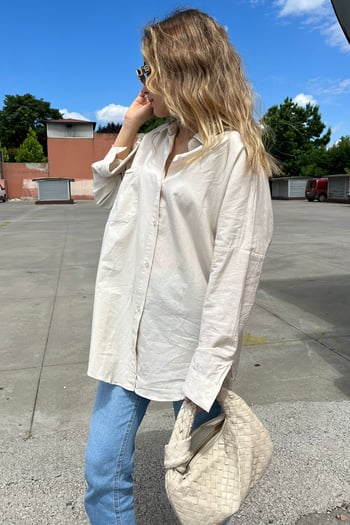 Bej Oversize Basic Cepli Poplin Gömlek MG1530