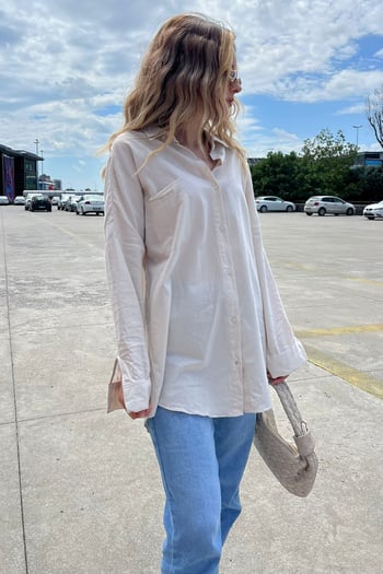Bej Oversize Basic Cepli Poplin Gömlek MG1530