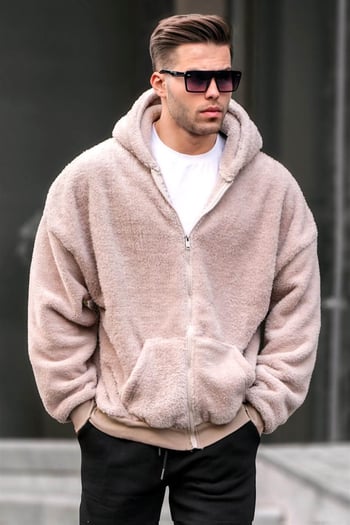 Bej Peluş Over Fit Kapüşonlu Fermuarlı Erkek Sweatshirt 6049