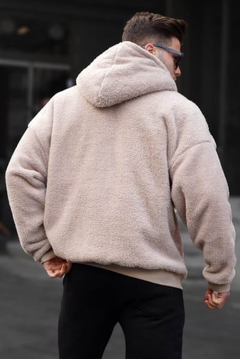 Bej Peluş Over Fit Kapüşonlu Fermuarlı Erkek Sweatshirt 6049