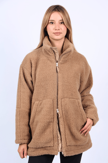 Bej Yüksek Yakalı Cepli Peluş Mont MG1948