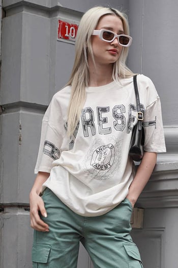 Beyaz Baskılı Bisiklet Yaka Oversize MG1844