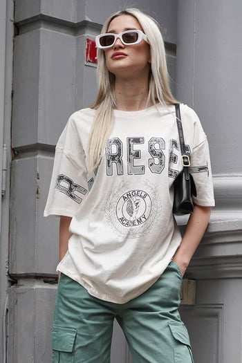 Beyaz Baskılı Bisiklet Yaka Oversize MG1844