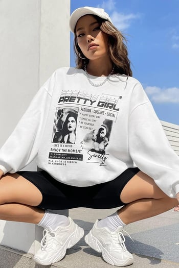 Beyaz Baskılı Oversize Kadın Sweatshirt  MG1923