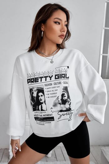 Beyaz Baskılı Oversize Kadın Sweatshirt  MG1923
