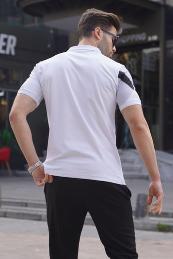 Beyaz Desenli Polo Yaka Erkek Tişört 6081