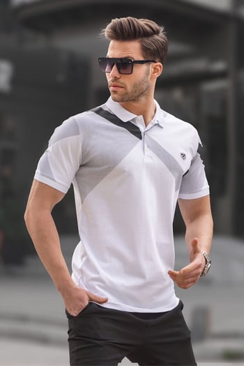 Beyaz Desenli Polo Yaka Erkek Tişört 6081