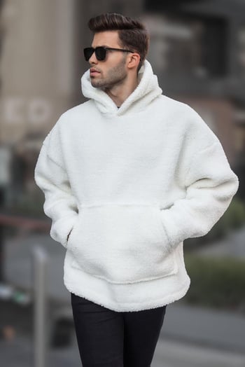 Beyaz Oversize Peluş Erkek Sweatshirt 6160