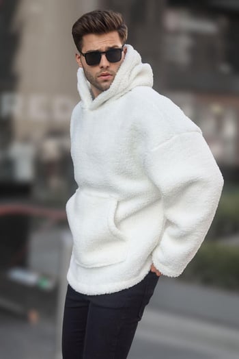 Beyaz Oversize Peluş Erkek Sweatshirt 6160