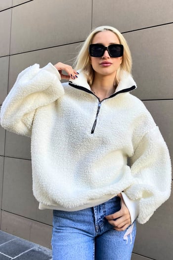 Beyaz  Peluş Fermuar Yaka Sweatshirt MG1413