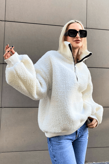 Beyaz  Peluş Fermuar Yaka Sweatshirt MG1413