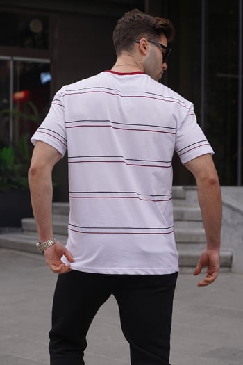 Bisiklet Yaka Beyaz Çizgili Rahat Kalıp Erkek Tişört 6063