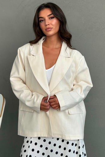 Bej Keten Blazer Kadın Ceket Mg2443