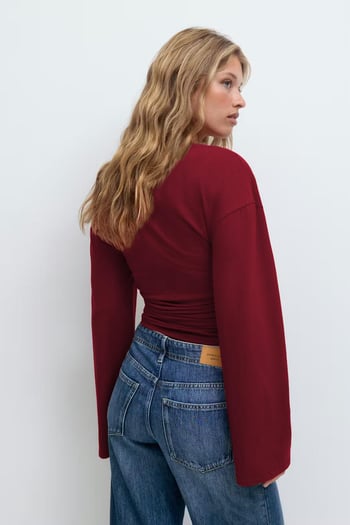 Bordo Bisiklet Yaka Yanları Büzgülü Geniş Kollu Kadın Bluz MG2628