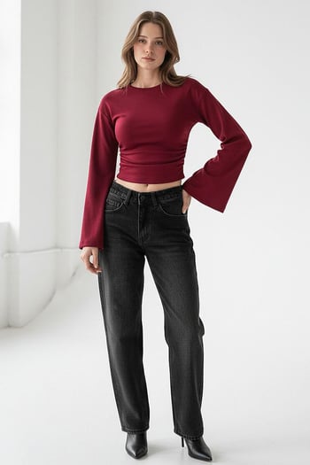 Bordo Bisiklet Yaka Yanları Büzgülü Geniş Kollu Kadın Bluz MG2628