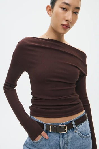 Kahverengi Kadın Off Shoulder Uzun Kollu Bluz MG2567