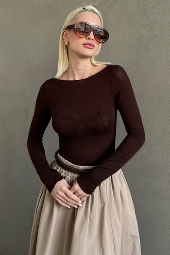 Kahverengi Kayık Yaka Transparan Kadın Bluz MG2663