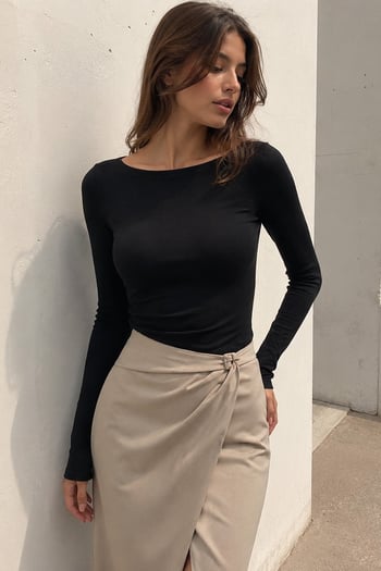 Siyah Kayık Yaka Uzun Kollu Kadın Top Bodysuit MG2267