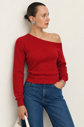 Kırmızı Modern Kayık Yaka Triko Bluz MG2804