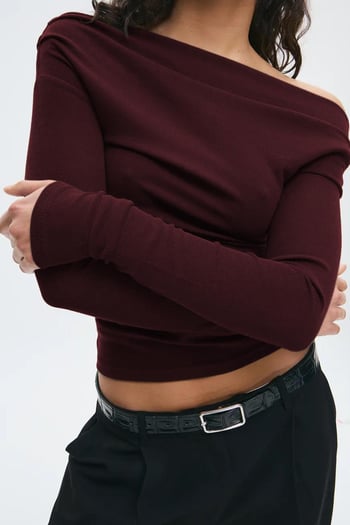 Bordo Kadın Off Shoulder Uzun Kollu Bluz MG2567