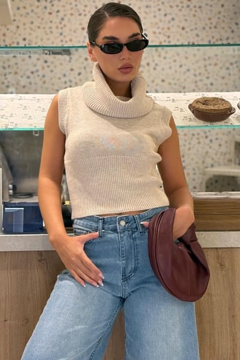 Bej Aura Kolsuz Balıkçı Yaka Triko Bluz MG2825