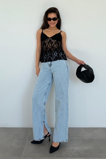 Siyah Askısı Ayarlanabilir Dantelli Bluz MG2348