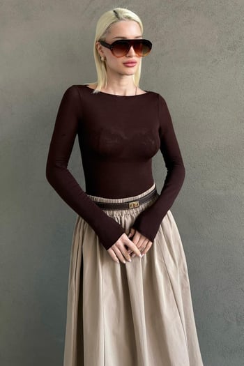 Kahverengi Kayık Yaka Transparan Kadın Bluz MG2663