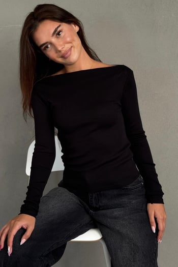 Siyah Kayık Yaka Fitilli Slim Fit Kadın Bluz MG2909  
