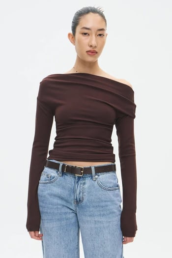 Kahverengi Kadın Off Shoulder Uzun Kollu Bluz MG2567