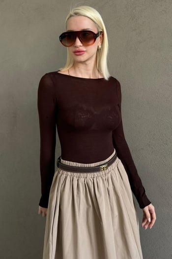 Kahverengi Kayık Yaka Transparan Kadın Bluz MG2663