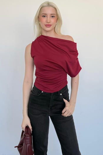 Bordo Tek Omuz Modern Kesim Şık Kadın Bluz MG2669