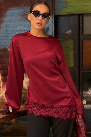 Bordo Asimetrik Dantelli Uzun Kollu Saten Bluz MG2799