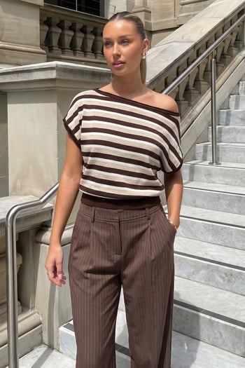 Çizgili Kahve  Düşük Omuz Triko Bluz MG2796