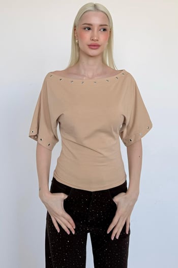 Taş Rengi Off Shoulder Metal Detaylı Kadın Bluz MG2671