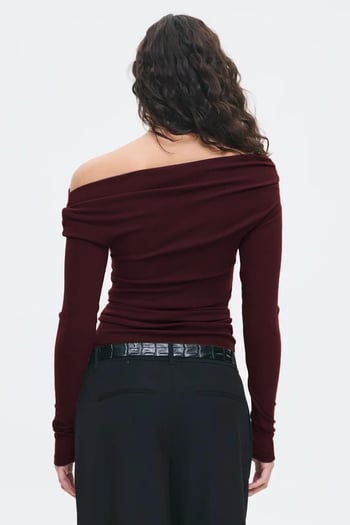 Bordo Kadın Off Shoulder Uzun Kollu Bluz MG2567