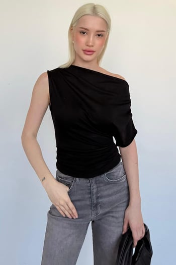 Siyah Tek Omuz Modern Kesim Şık Kadın Bluz MG2669