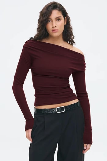 Bordo Kadın Off Shoulder Uzun Kollu Bluz MG2567