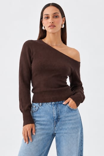 Kahverengi Modern Kayık Yaka Triko Bluz MG2804