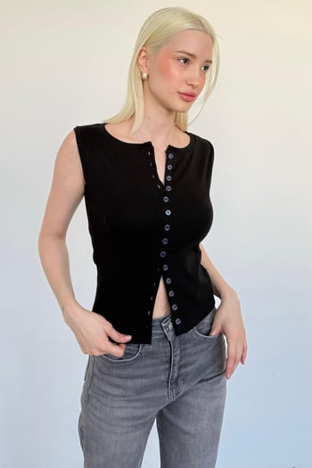Siyah Bisiklet Yaka Düğmeli Kadın Bluz MG2638