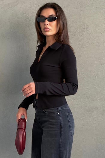 Siyah Polo Yaka Çift Fermuarlı Slim Fit Kadın Body MG2652