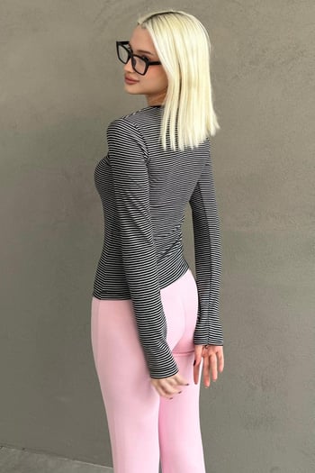 Siyah Çizgili Uzun Kollu Kadın Body MG2657